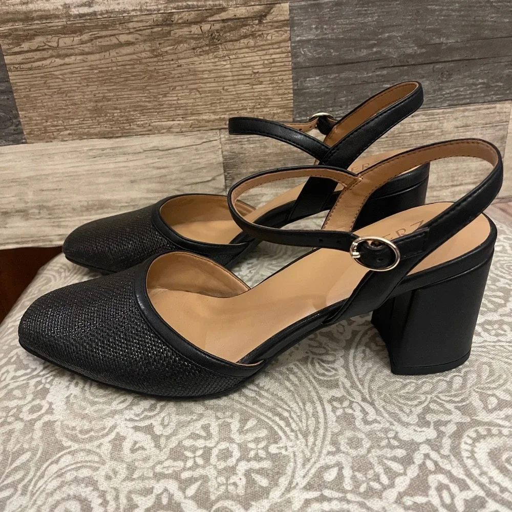 Naturalizer Wave Black Woven Square Toe Ankle Strap Block Heel Shoes Women's 9M - Picture 6 of 8